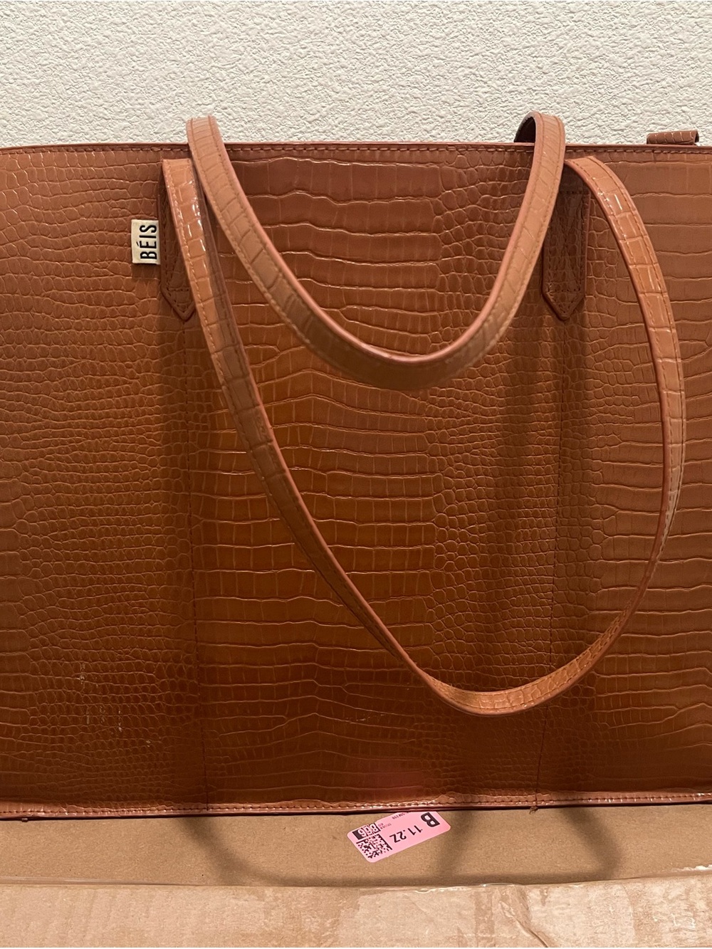 BEIS Cognac Croc-Embossed Leather Tote